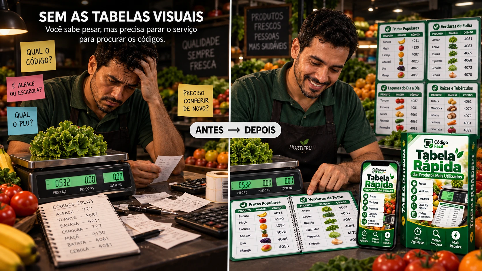 Funcionário procurando o código do produto na balança